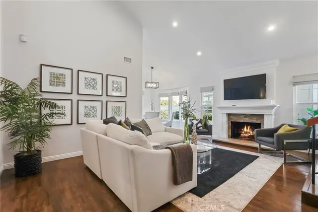 a living room with furniture a fireplace and a potted plant