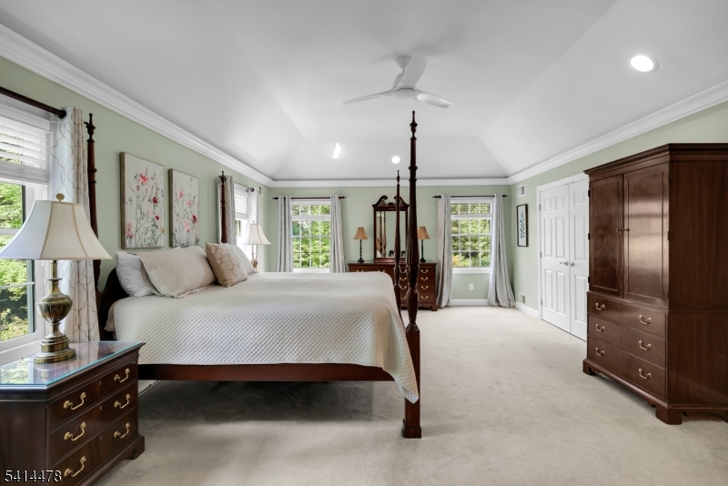 33 St Nickolas Way Bernards, NJ 07920 - Photo 23 of 50 a bedroom with a bed a chandelier and flat screen tv