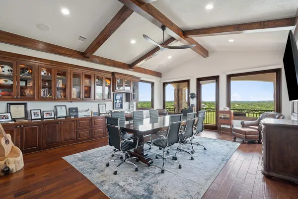 a view of a dining room with furniture