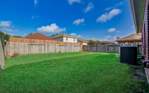 a view of a backyard with plants and wooden fence