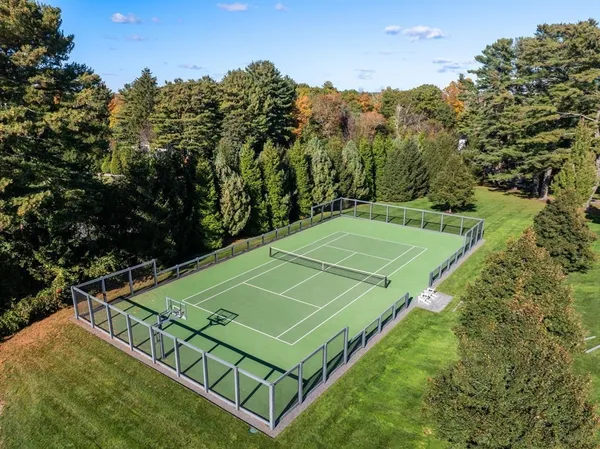 a view of a park with large trees