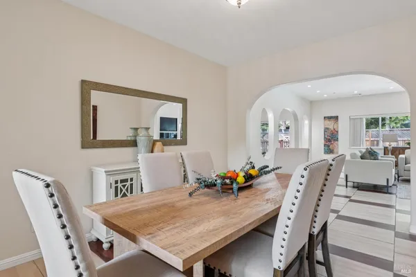 a view of a dining room with furniture