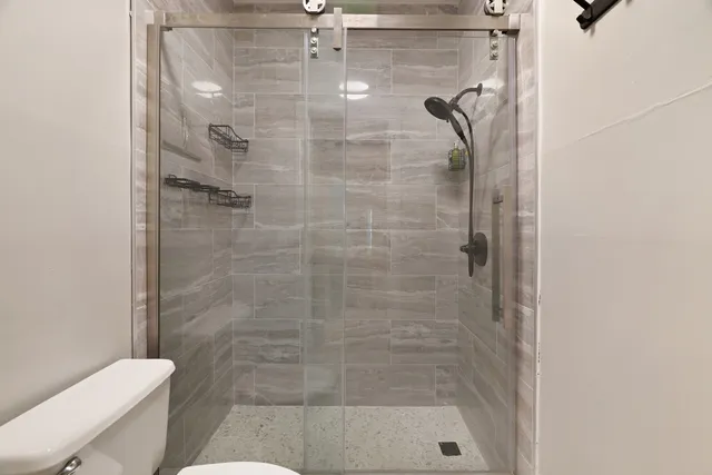 a bathroom with a shower and toilet