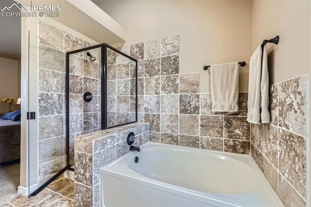 a bathroom with a bathtub and a shower