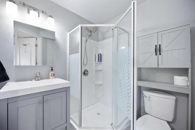 a bathroom with a shower sink vanity mirror and toilet