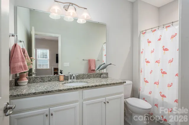 a bathroom with a granite countertop sink a toilet and a mirror