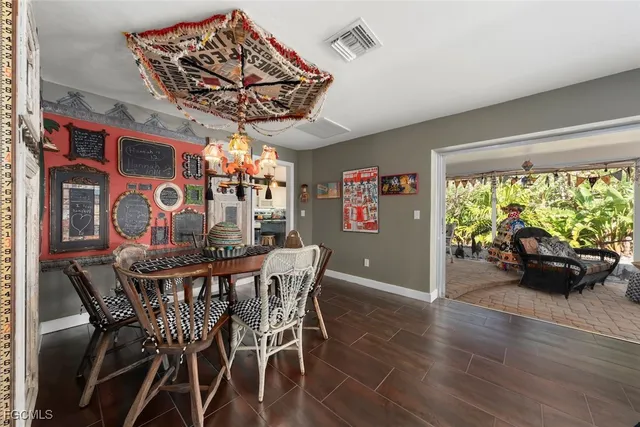 a view of a dining room with furniture wooden floor and chandelier