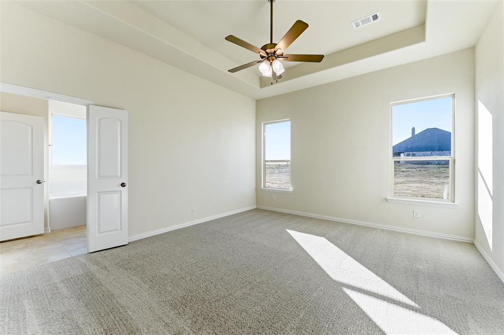 1030 County Road 200 Valley View, TX 76272 - Photo 21 of 27 Empty room with a raised ceiling, light carpet, and ceiling fan