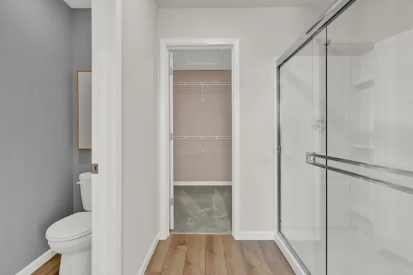 a bathroom with a shower and a toilet