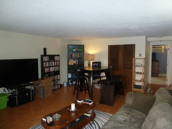 1186 Worcester Road, Unit 610 Framingham, MA 01702 - Photo 2 of 9 a living room with furniture a flat screen tv and kitchen view