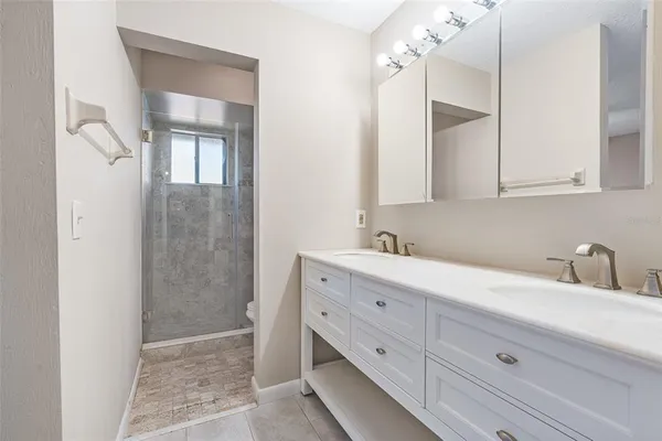 a bathroom with a double vanity sink a mirror and a shower