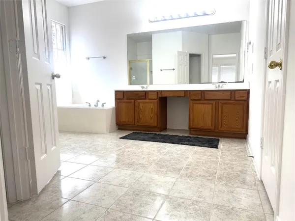 a bathroom with a sink a mirror and a shower