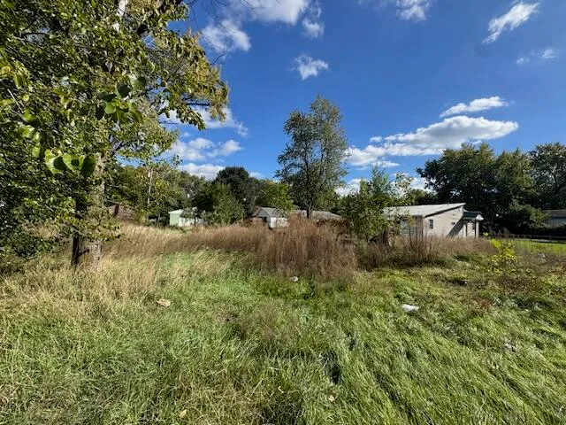 a view of a garden with a building in the background