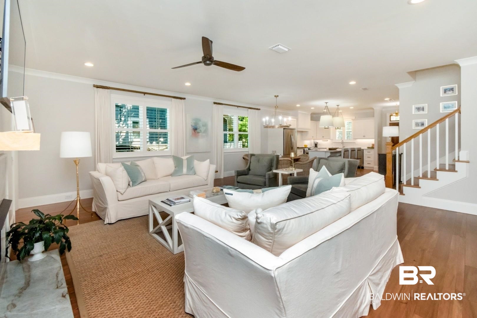 4404 Stein Street Mobile, AL 36608 - Photo 21 of 50 Living room featuring stairs, recessed lighting, a chandelier, crown molding, and ceiling fan