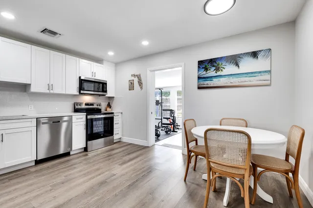 a kitchen with furniture wooden floor and stainless steel appliances