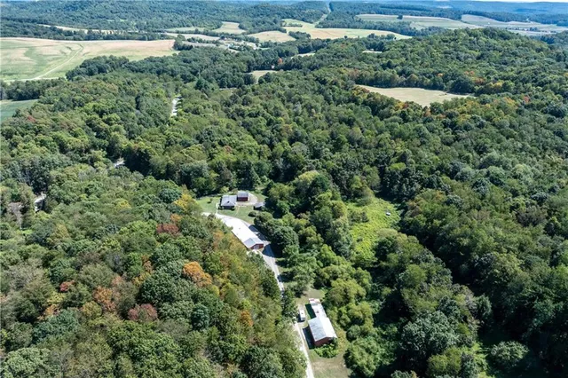 an aerial view of a houses with a lush green hillside