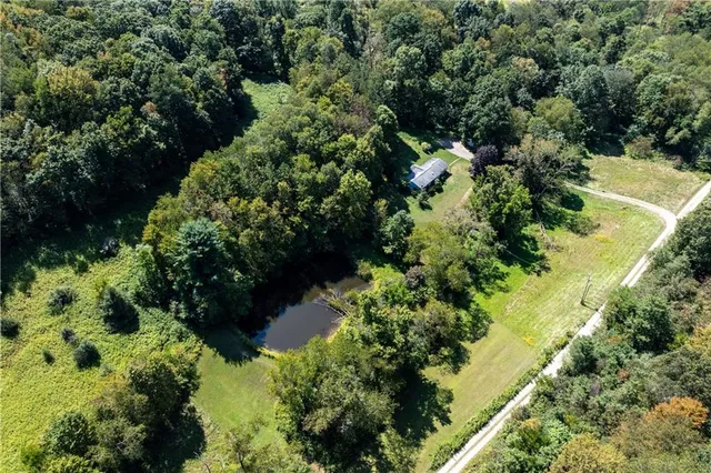 an aerial view of a house with a yard and garden