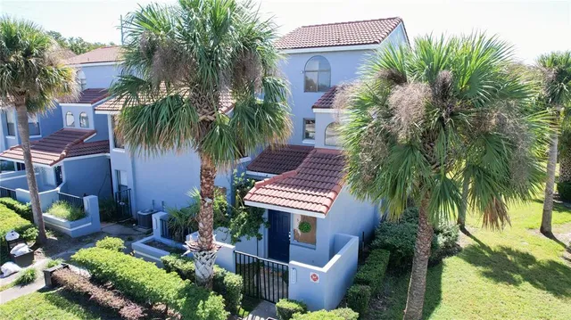 an aerial view of a house with a yard and potted plants