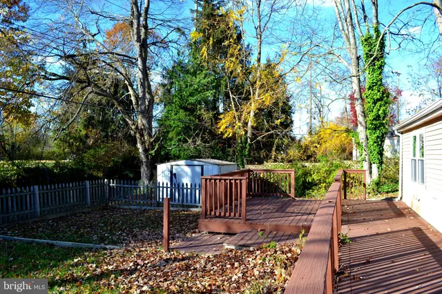 a view of a backyard with wooden fence and a large tree