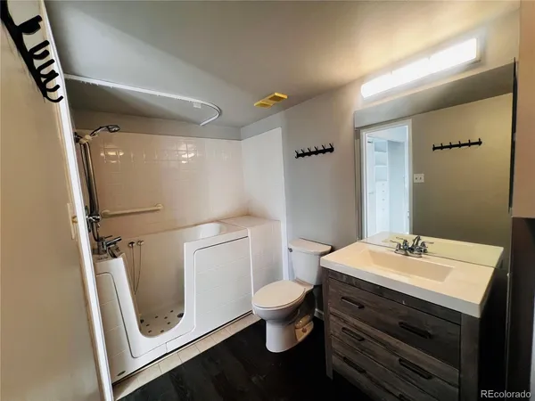 a bathroom with a sink a toilet a mirror and vanity