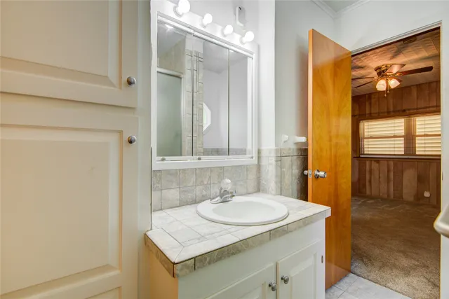 a bathroom with a sink and a mirror