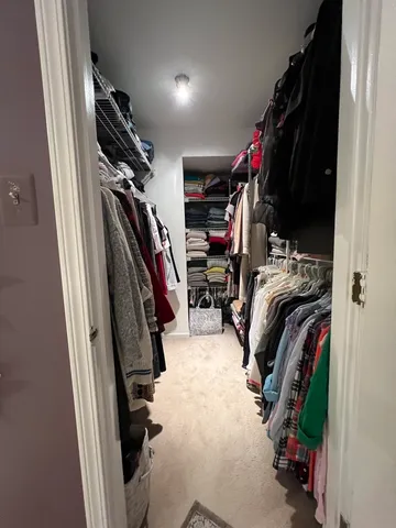 a view of walk in closet with clothes and shoes