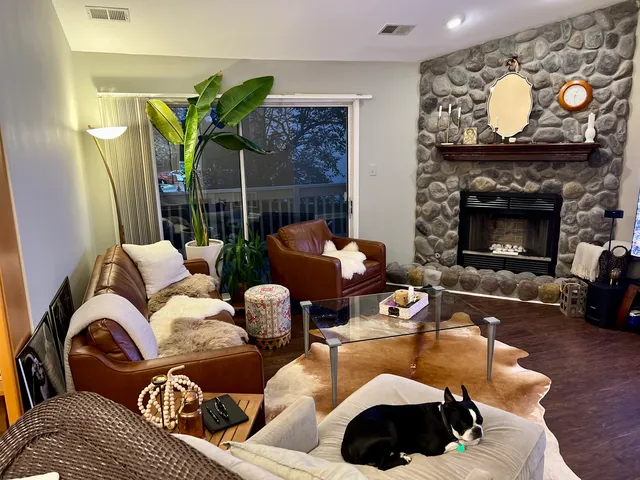 a living room with furniture and a fireplace