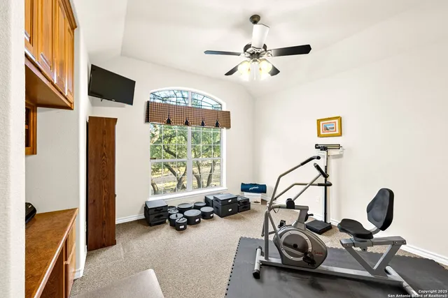 an aerial view of residential houses with outdoor space and trees