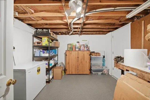 a view of storage and utility room with a fridge