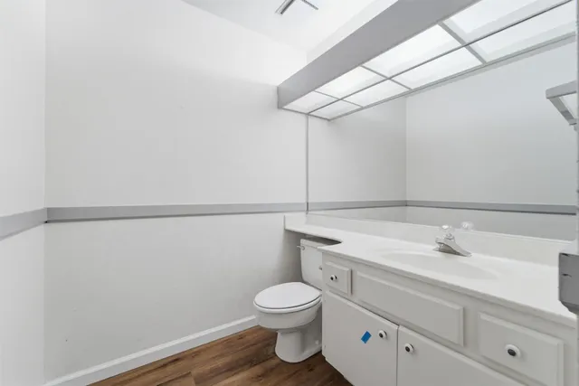 a bathroom with a sink a toilet and a mirror