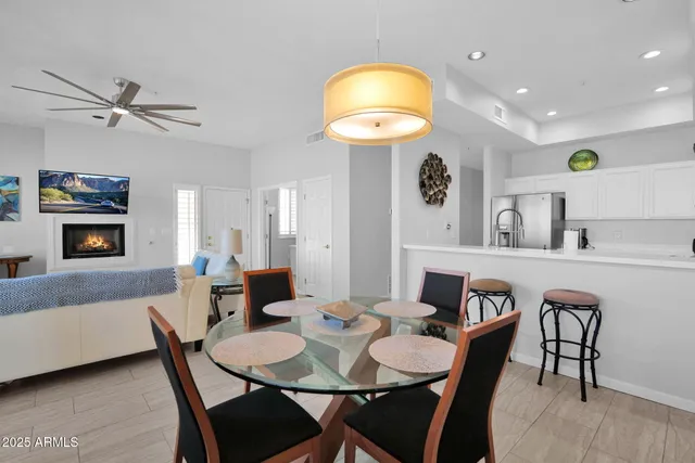 a view of a dining room with furniture