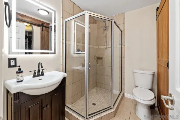 a bathroom with a shower a sink a toilet and mirror