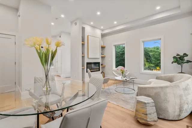 a living room with fireplace furniture and a potted plant