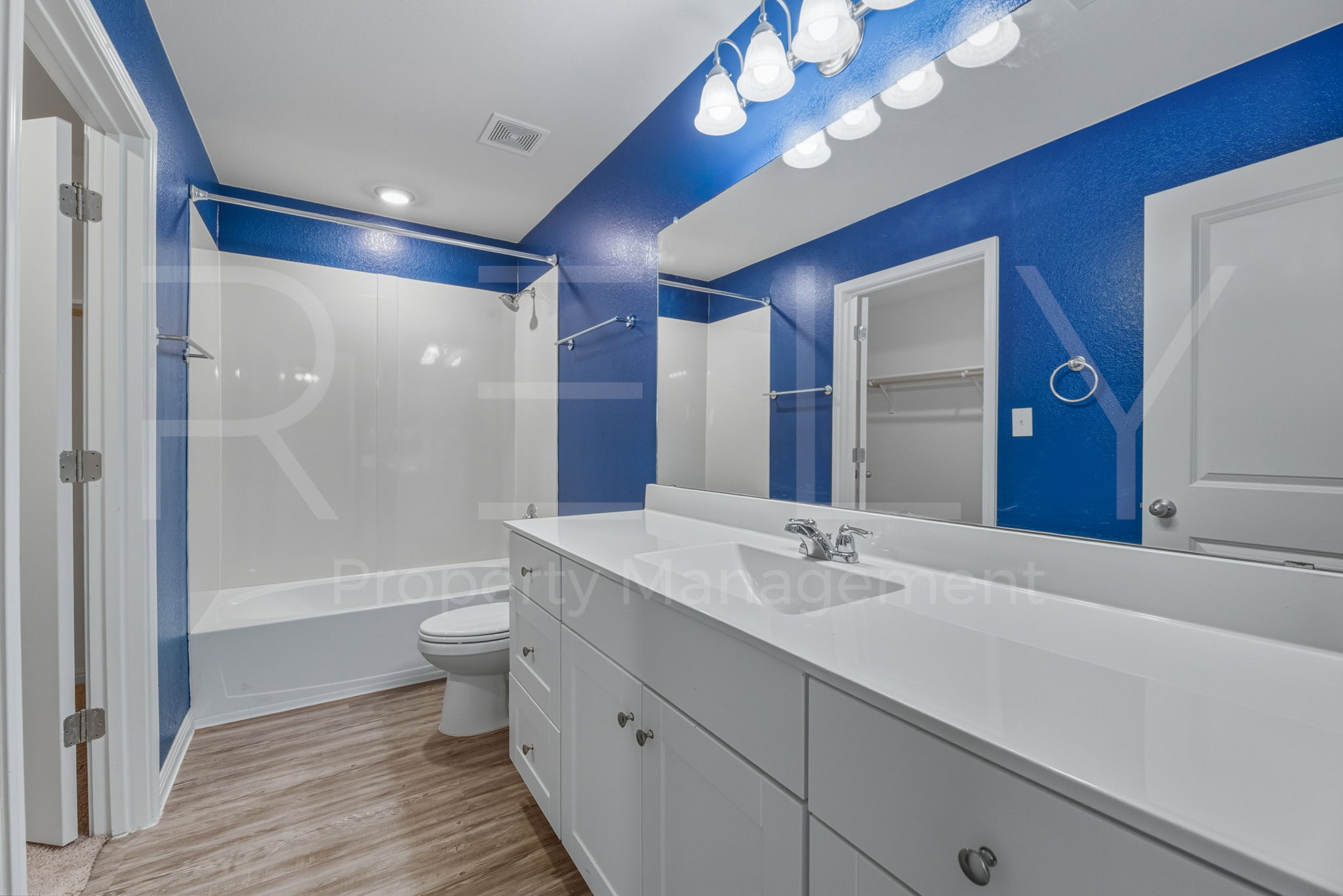 220 Wonderful Life Way Jarrell, TX 76537 - Photo 25 of 35 Full bath featuring vanity, bathtub / shower combination, light wood finished floors, and a spacious closet