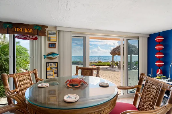a view of a dining room with furniture window and outside view