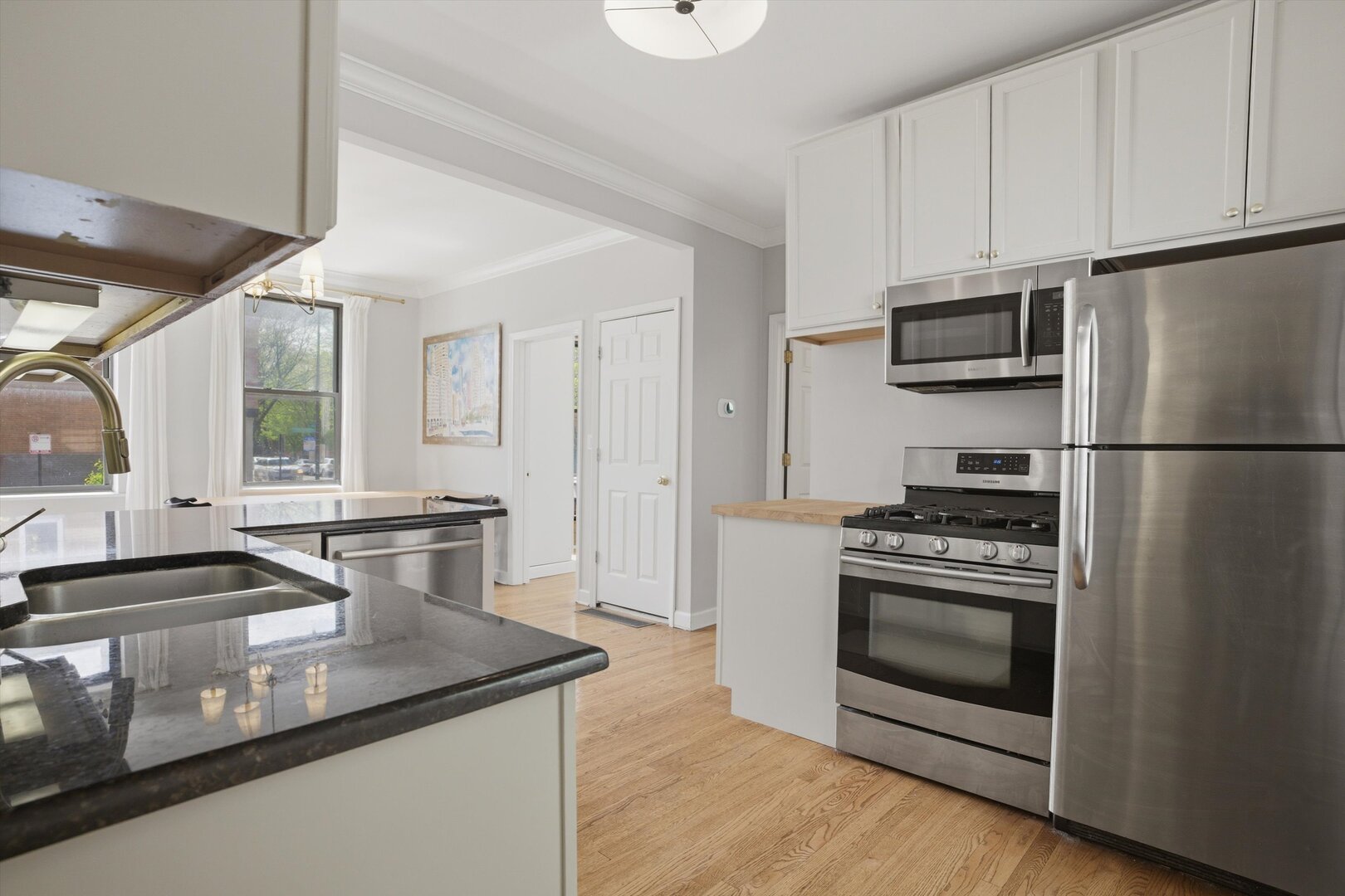 1958 West George Street, Unit 1 Chicago, IL 60657 - Photo 6 of 30 a kitchen with granite countertop a sink stove and refrigerator