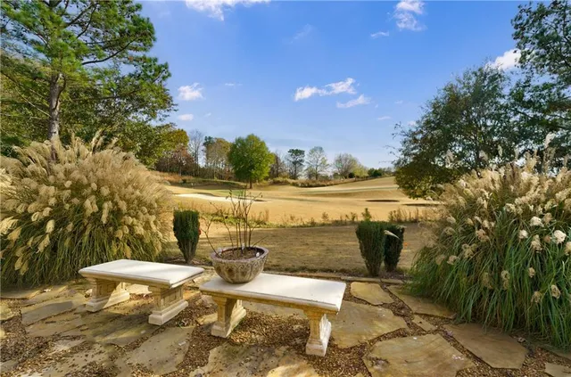 a view of a white house with a yard plants and large tree