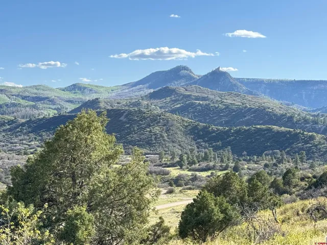 a view of a town with mountains in the background