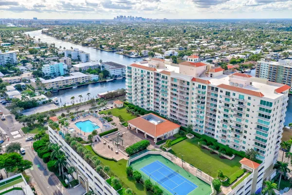 a city view with tall buildings