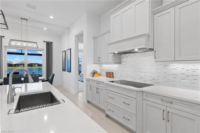 a kitchen with a sink a counter and stainless steel appliances