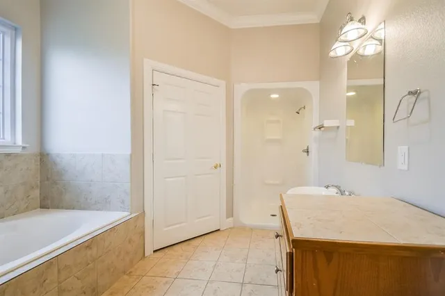 a bathroom with a granite countertop sink a mirror and a bathtub
