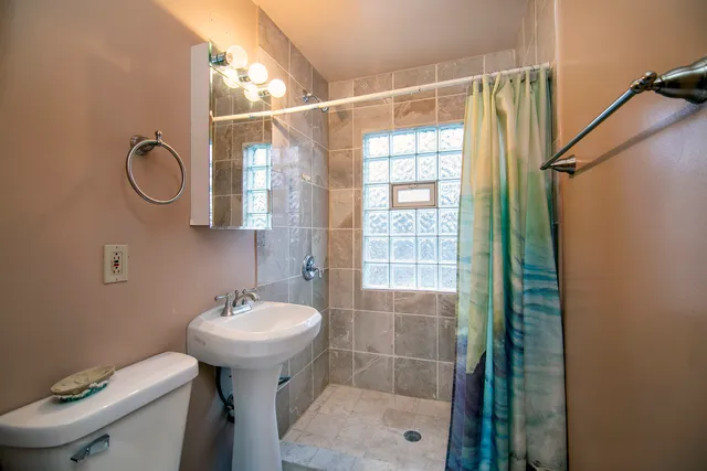 a bathroom with a sink a toilet and shower