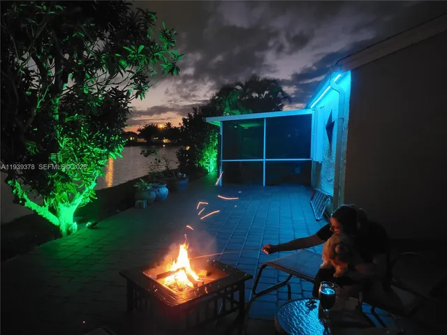 an outdoor space with furniture