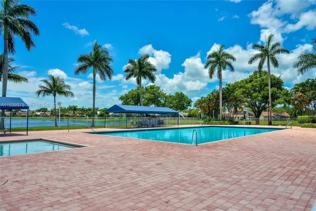a view of park with palm trees