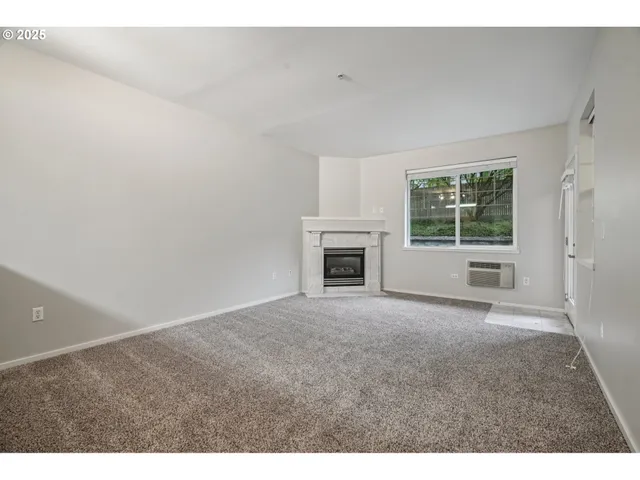 a view of empty room with windows and fireplace