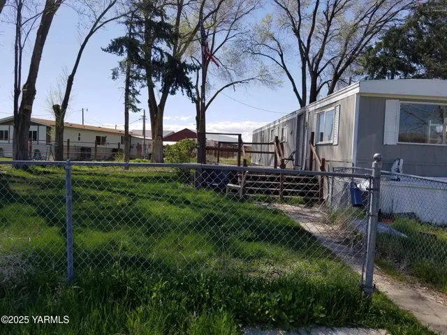 a view of a yard with large trees