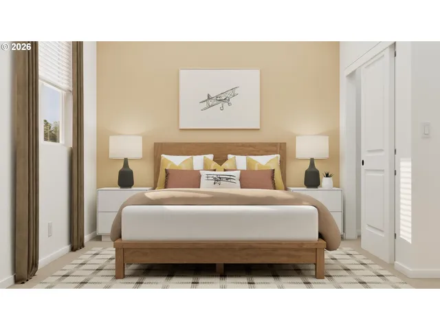 a bedroom with a bed and a painting on the wall