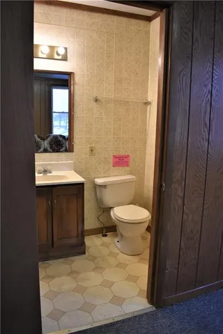 a bathroom with a toilet a sink and mirror