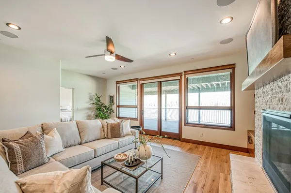 a view of a lake with a city