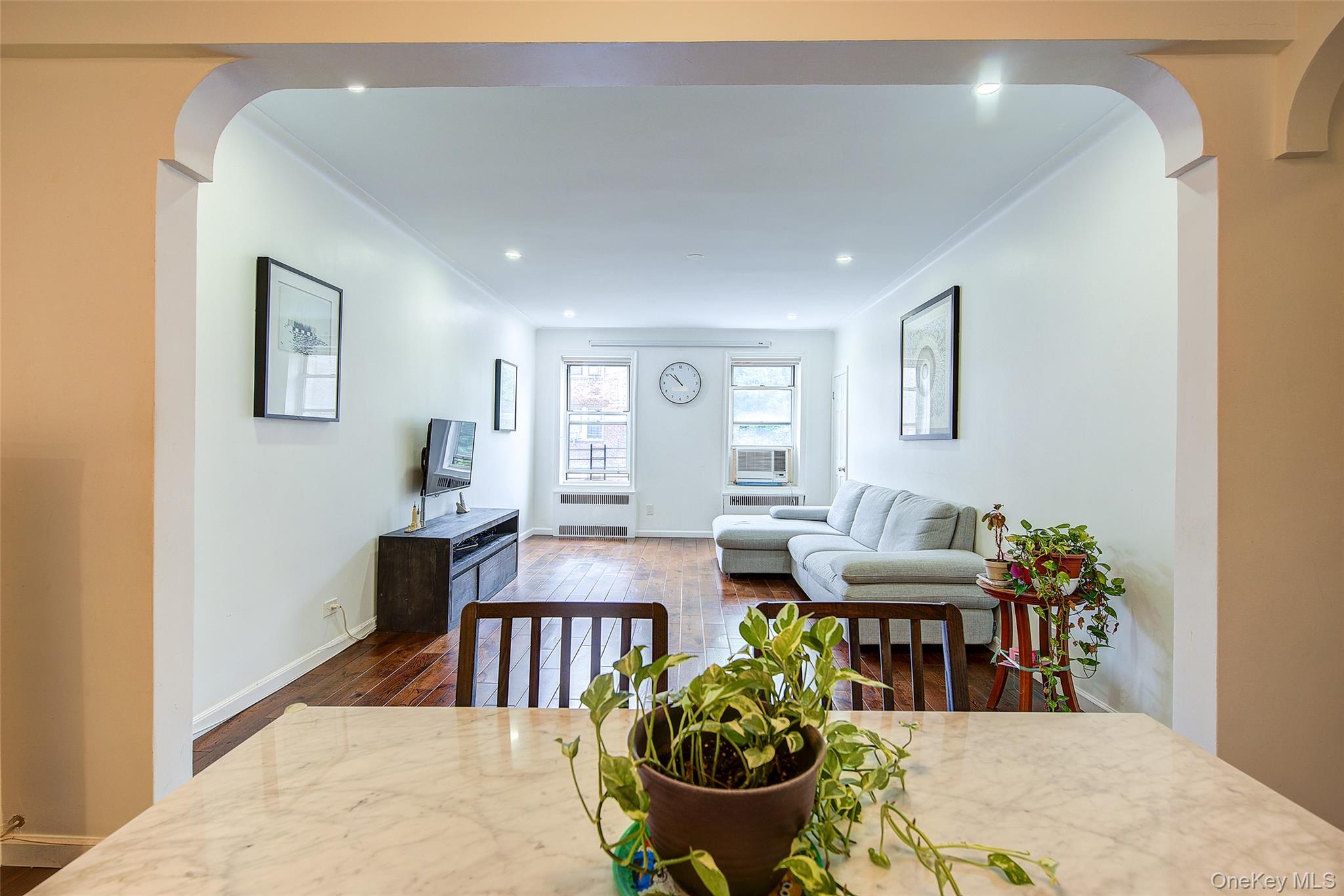 a view of a dining room with furniture and a potted plant
